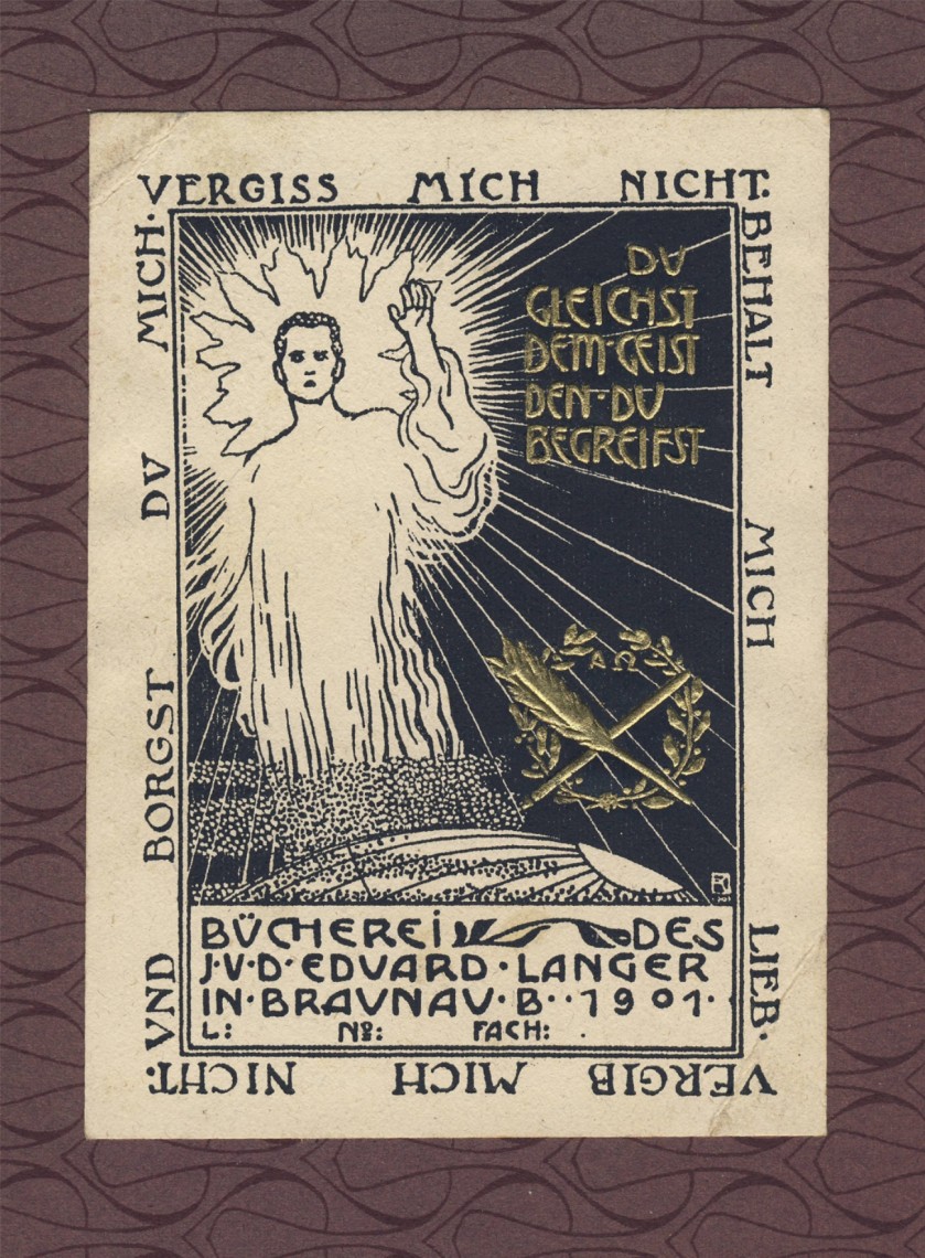 Exlibris Eduarda Langera s&nbsp;motivem ducha a&nbsp;vročením 1901.