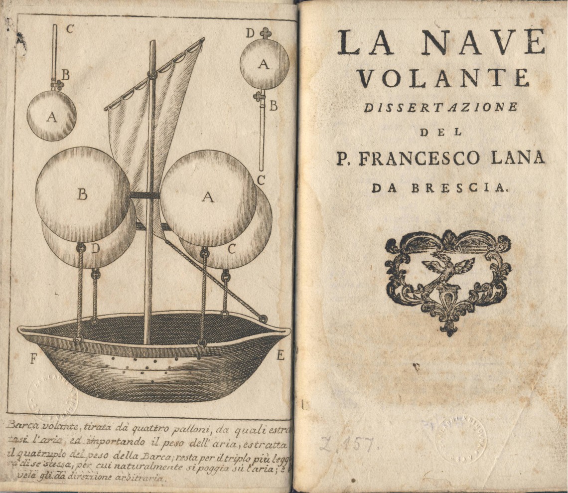 Nákres „létající lodi“ udržované ve vzduchu čtyřmi dutými nádobami, z&nbsp;nichž měl být odčerpán vzduch. Frontispis Lanovy disertace <em>La nave volante</em>, Brescia 1703.