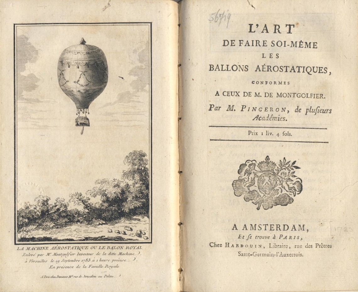 Vyobrazení vzletu zvířat 19. 9. 1783. Jean-Clauda Pingerona <em>Art de faire soi-même les ballons aérostatiques (Umění vlastní výroby aerostatických balonů)</em>, Amsterdam–Paris 1783