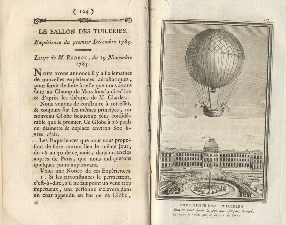 Vzlet 1. 12. 1783 v&nbsp;Tuilleries s&nbsp;letci Charlesem a&nbsp;Robertem. Ilustrace z&nbsp;<em>Art de voyager dans les airs (Umění putovat vzduchem)</em>, Paris 1784, doplněna hodnocením vzduchoplavce Roberta: „Nic se nevyrovná radosti, jež se mě zmocnila poté, co jsem ucítil, že se vzdaluji zemi.“