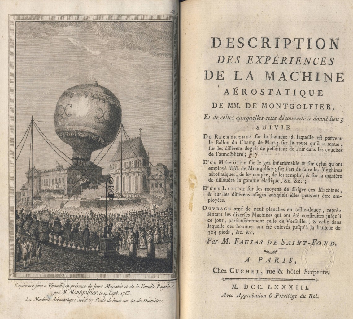 Vzlet balonu se zvířecí posádkou 19. 9. 1783 ve Versailles. Frontispis <em>Description des expériences de la machine aérostatique</em> z&nbsp;roku 1783.