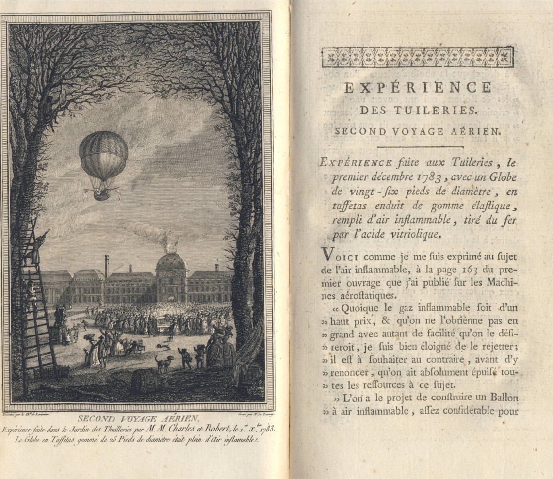 Faujas popsal také druhý úspěšný vzlet balonu s&nbsp;lidskou posádkou v&nbsp;Tuilleries ze dne 1. 12. 1783. <em>Description des expériences de la machine aérostatique</em>, 1783.