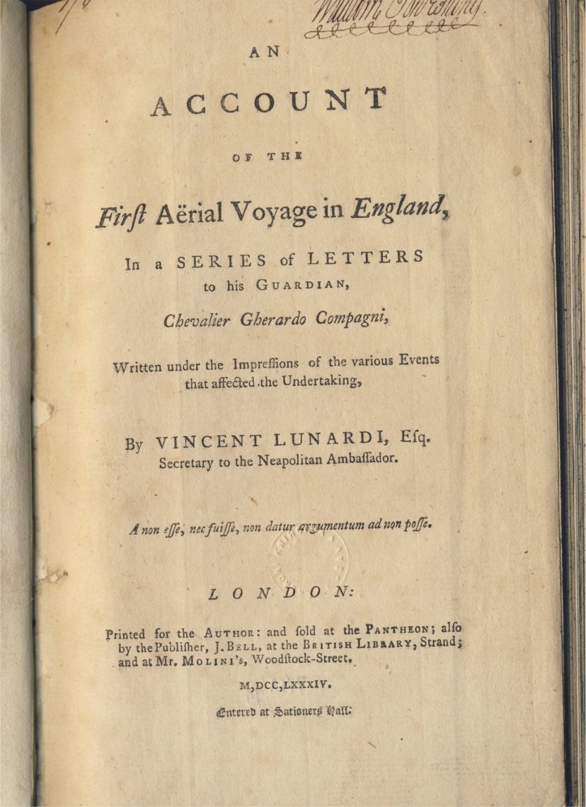 O&nbsp;prvním úspěšném vzletu balonu v&nbsp;Anglii 15. 9. 1784 informoval vzduchoplavec Vincenzo Lunardi ve své zprávě z&nbsp;roku 1784.