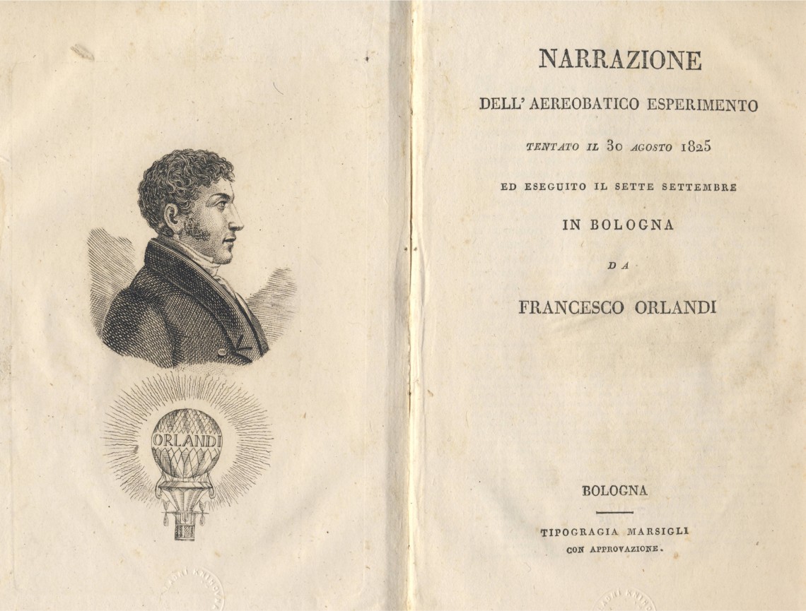 Portrét Franceska Orlandiho na frontispisu zprávy o&nbsp;jeho vzletu 30. 8. 1825 v&nbsp;Bologni.