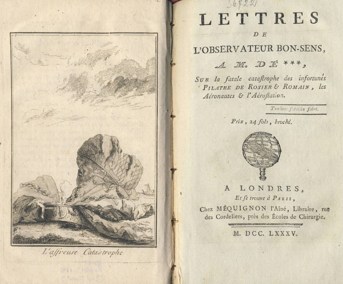 Titulní list zprávy Jeana-Paula Marata o&nbsp;ztroskotání balonu se vzduchoplavci J. F. Pilâtre de Rozierem a&nbsp;Pierrem-Angem Romainem. Frontispis s&nbsp;vyobrazením trosek balonu a&nbsp;mrtvého vzduchoplavce.