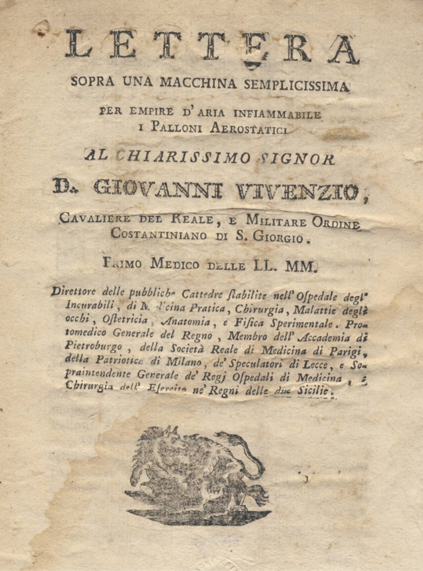 Dedikace spisu nazvaného <em>Lettera sopra una macchina semplicissima (List o&nbsp;nejjednodušším stroji)</em>, datovaná v&nbsp;září 1789 v&nbsp;Neapoli, je věnována italskému lékaři a&nbsp;universitnímu profesoru Giovannimu Vivenziovi (zemř. 1789). Autor spisu i&nbsp;dedikace Ferdinando Viscardi v&nbsp;něm představil a&nbsp;doplnil nákresem svůj návrh jednoduchého letadla. Cílem spisu bylo získat Vivenziovu podporu tomuto návrhu.